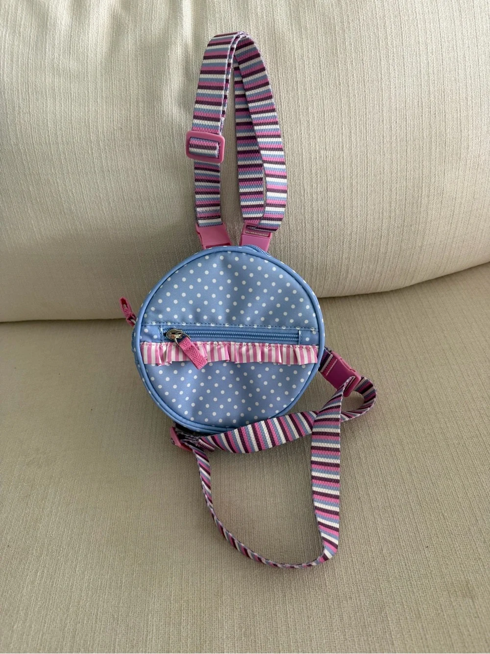Matilda Jane Light Blue Polka Dot Round Bag with Pink Ruffle